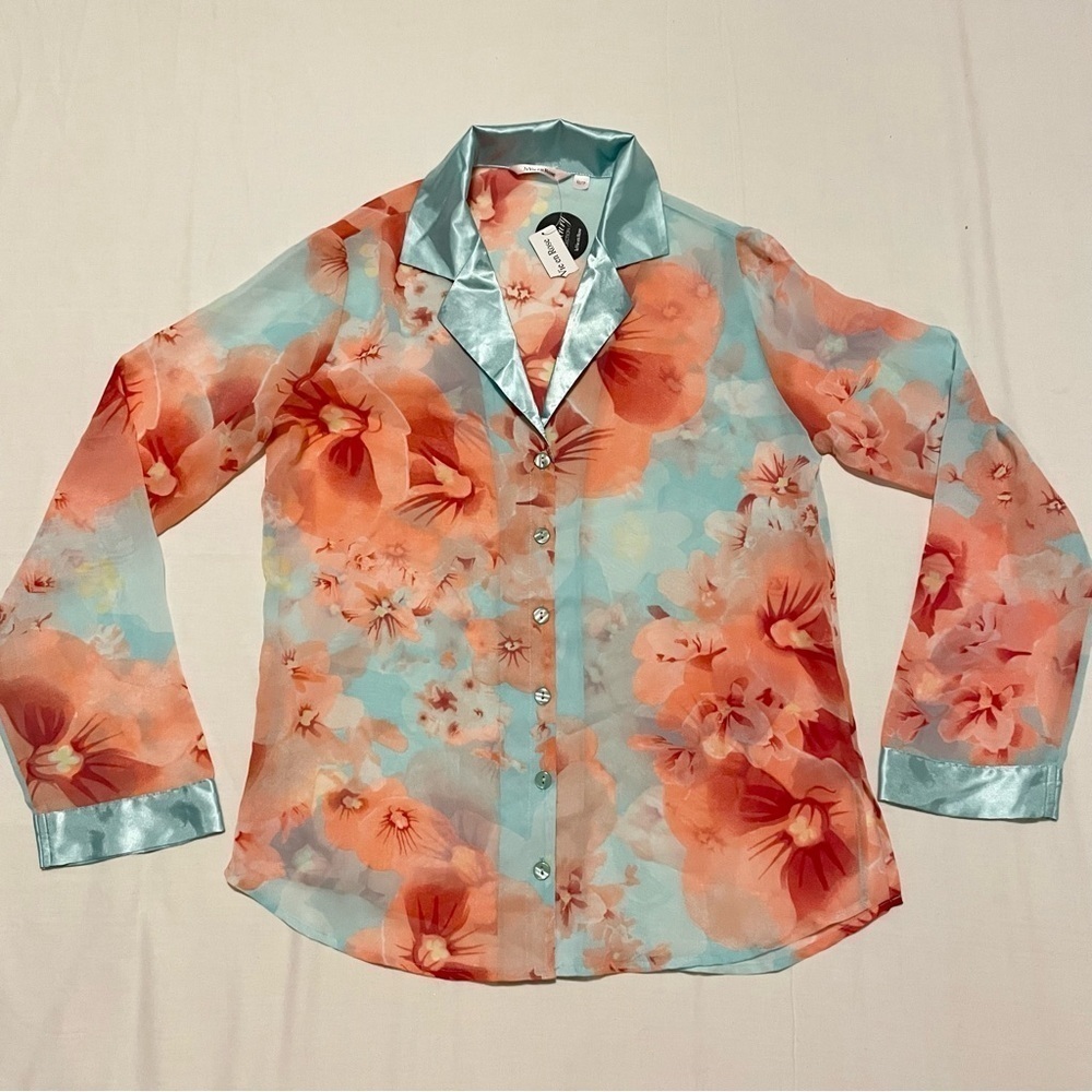 La Vie En Rose Floral Satin Button-Up Blouse Size XS